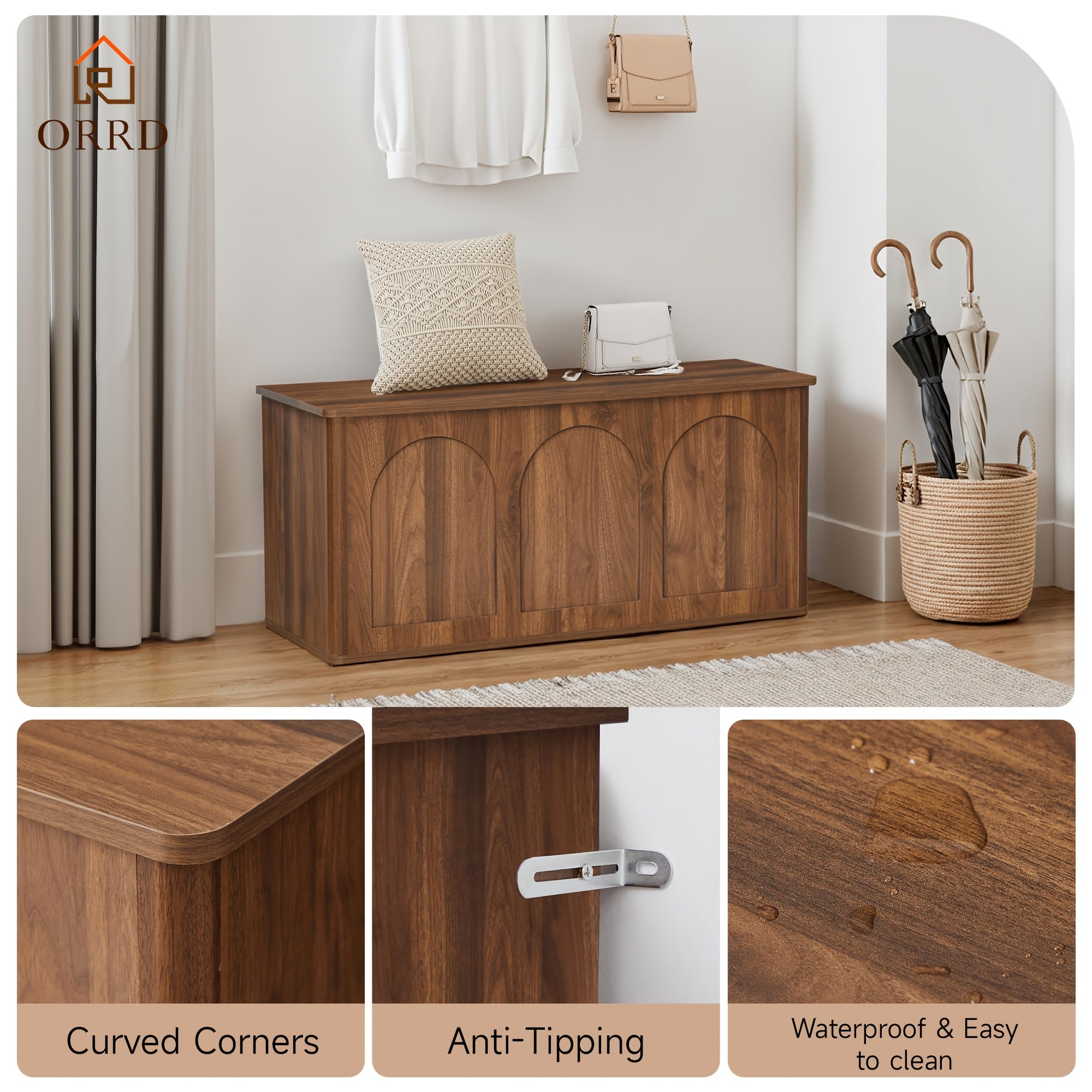 ORRD 43'' Flip-Top Storage Chest - Solid Wood & MDF Farmhouse Bench with Shoe Storage, Wood Trunk for Entryway, Bedroom, Living Room | Heavy-Duty, -Tip, Curved Edges (Compatible with wood floors)
