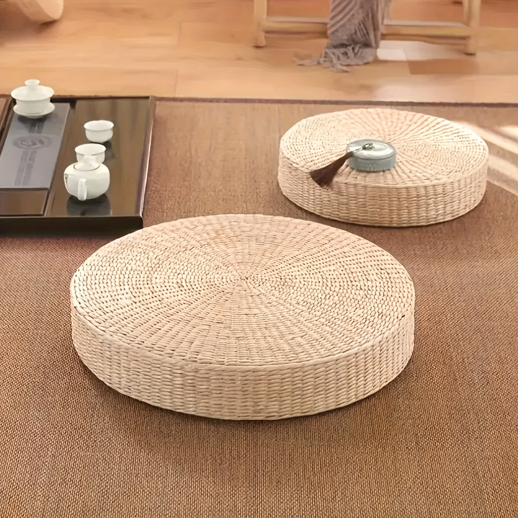 Round Handwoven Straw Floor Cushion, Japanese Tatami Pillow for Yoga, Meditation And Home Seating