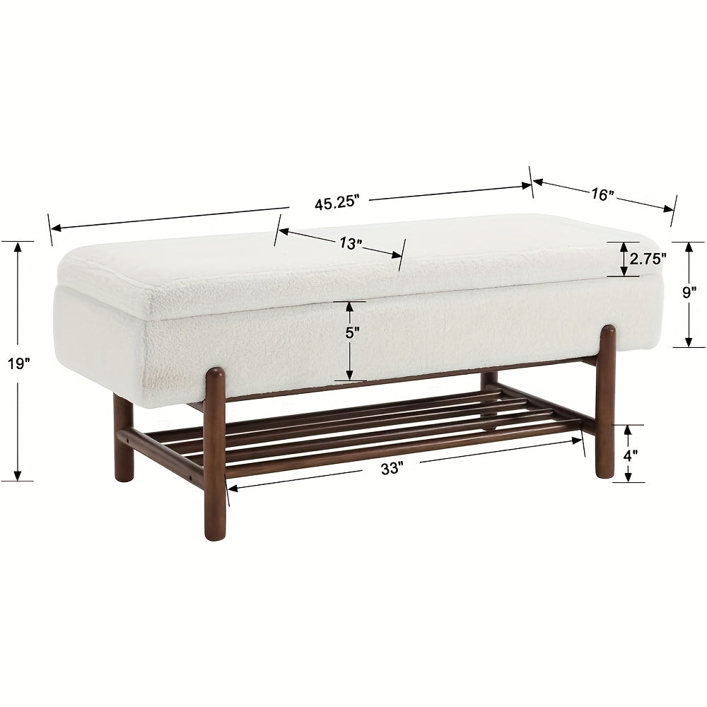1pc Modern Storage Ottoman Bench Sherpa Upholstered End Of Bench with Seating And Wood Shoe Rack Long Entryway Bench for Bedroom\u002FLiving Room\u002FFoyer