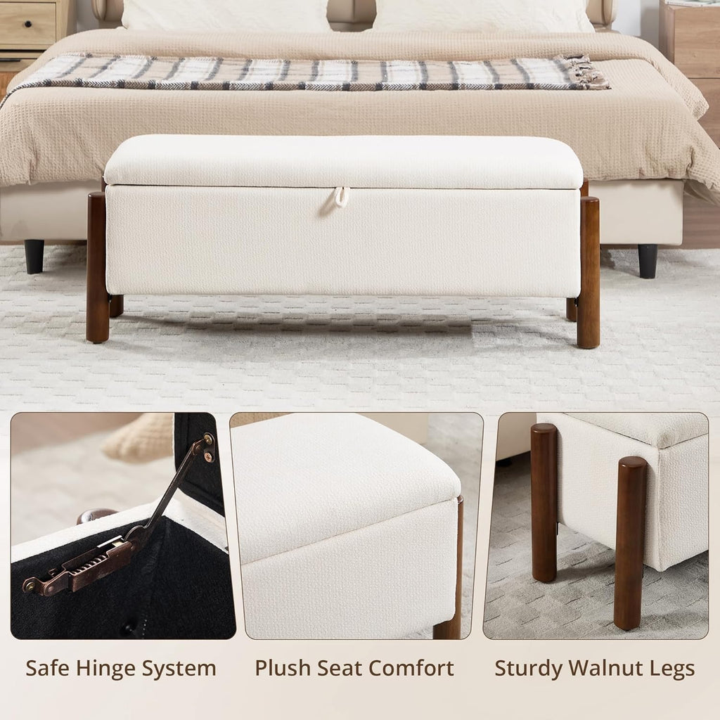 47'' Modern Storage Ottoman Benches with Walnut Wood Legs Ottoman Bench with 22 Gallons Storage Space Fabric Upholstered Seating End of Bed Bench for Bedroom for Livingroom