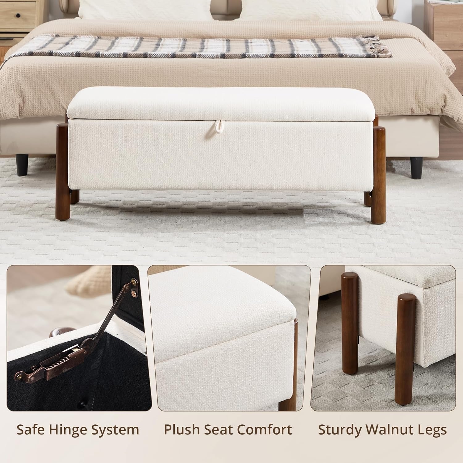 47'' Modern Storage Ottoman Benches with Walnut Wood Legs Ottoman Bench with 22 Gallons Storage Space Fabric Upholstered Seating End of Bed Bench for Bedroom for Livingroom