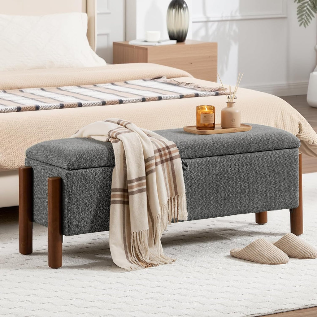 47'' Modern Storage Ottoman Benches with Walnut Wood Legs Ottoman Bench with 22 Gallons Storage Space Fabric Upholstered Seating End of Bed Bench for Bedroom for Livingroom