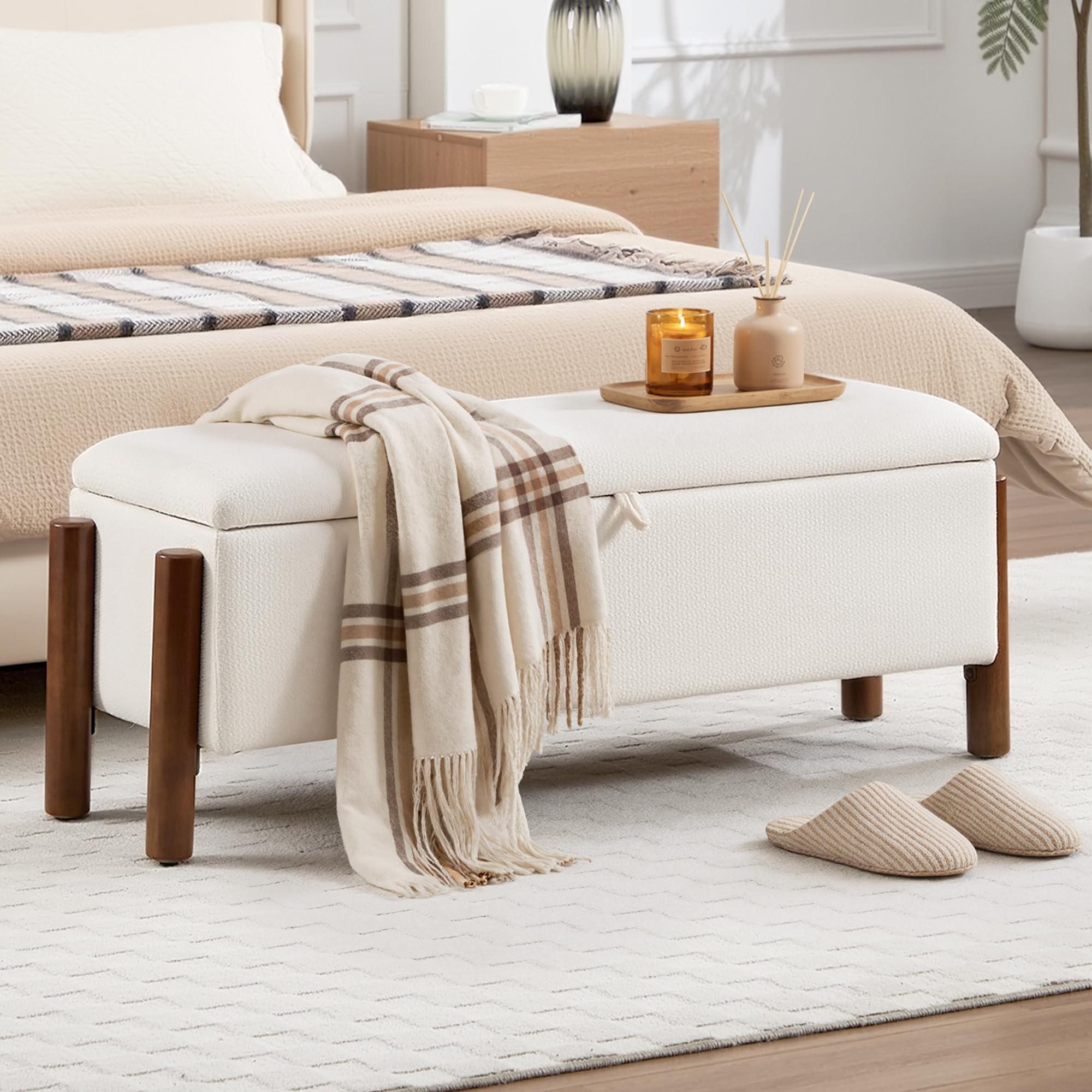 47'' Modern Storage Ottoman Benches with Walnut Wood Legs Ottoman Bench with 22 Gallons Storage Space Fabric Upholstered Seating End of Bed Bench for Bedroom for Livingroom