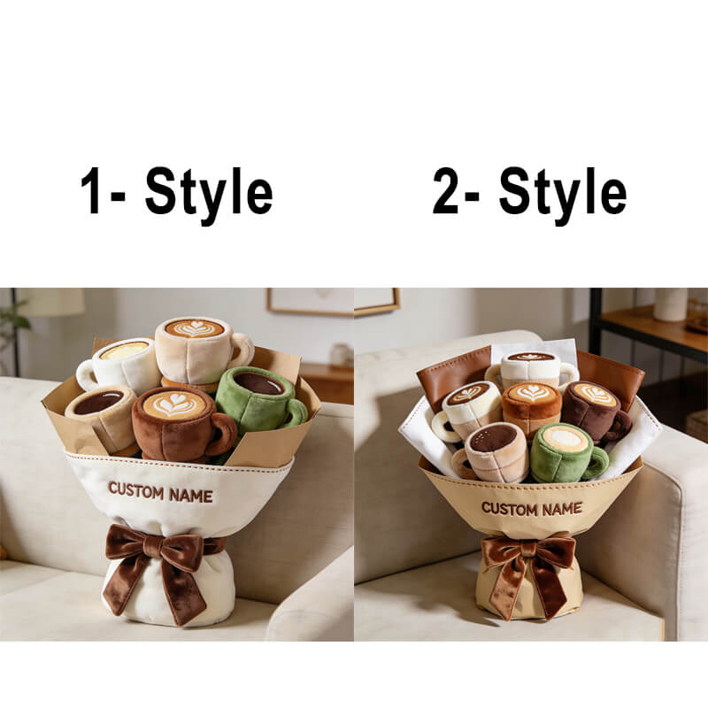 Personalized coffee cup themed bouquet pillow