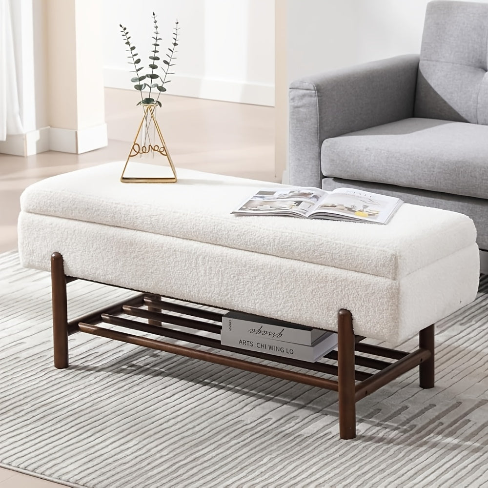 1pc Modern Storage Ottoman Bench Sherpa Upholstered End Of Bench with Seating And Wood Shoe Rack Long Entryway Bench for Bedroom\u002FLiving Room\u002FFoyer