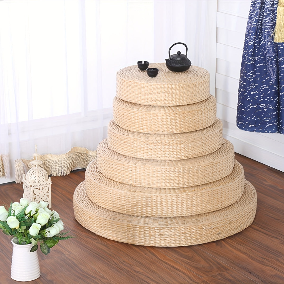Round Handwoven Straw Floor Cushion, Japanese Tatami Pillow for Yoga, Meditation And Home Seating