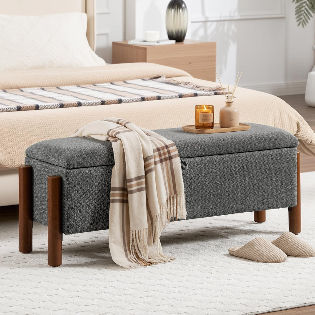 47'' Modern Storage Ottoman Benches with Walnut Wood Legs Ottoman Bench with 22 Gallons Storage Space Fabric Upholstered Seating End of Bed Bench for Bedroom for Livingroom