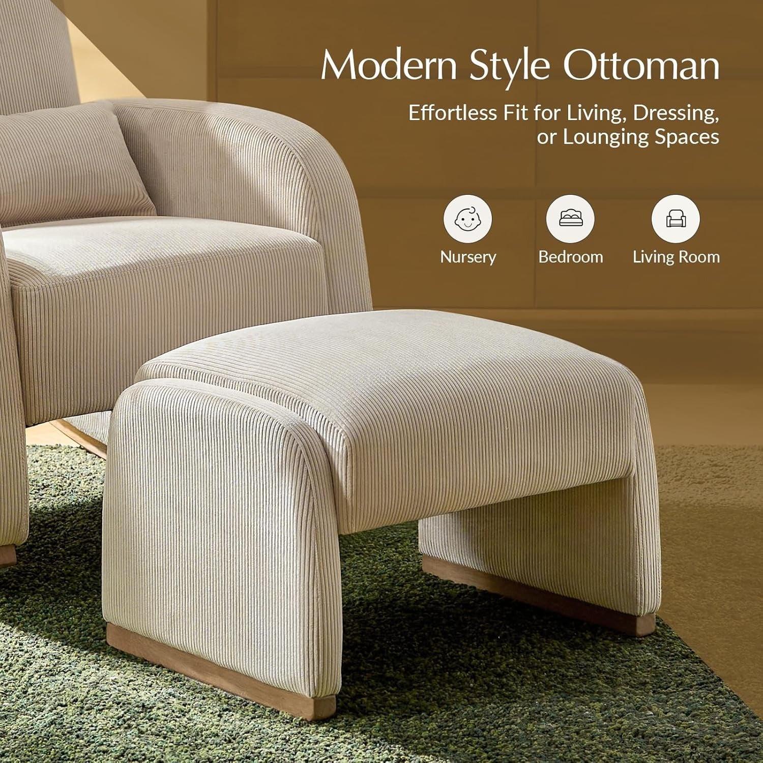 Modern Corduroy Ottoman with Solid Wood Legs, Foot Stools Ottoman with Versatile Footrest, Extra Seat And Decorative Accent