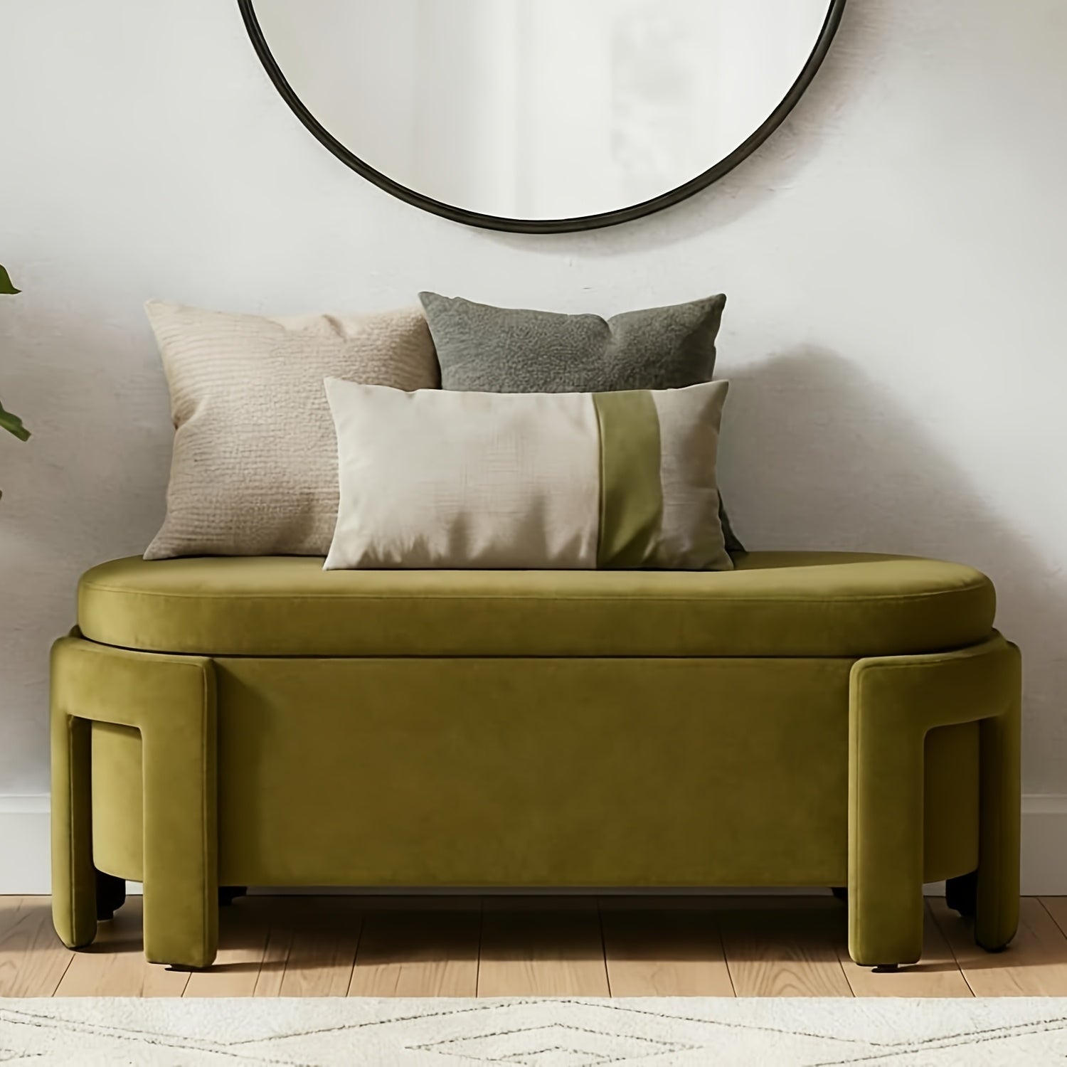 1pc 50 Inches Ottoman Storage Bench, Modern End Of Bed Bench with Upholstered Seating, Comfy Cute Oval Entryway Bench for Living Room\u002FBedroom\u002FEntrance\u002FHallway