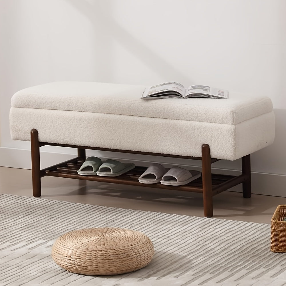 1pc Modern Storage Ottoman Bench Sherpa Upholstered End Of Bench with Seating And Wood Shoe Rack Long Entryway Bench for Bedroom\u002FLiving Room\u002FFoyer