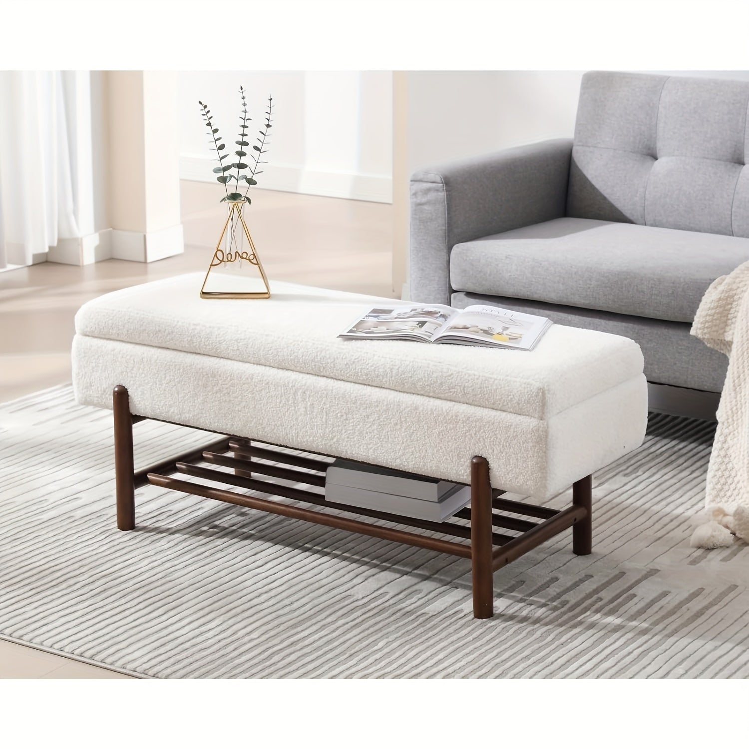 1pc Modern Storage Ottoman Bench Sherpa Upholstered End Of Bench with Seating And Wood Shoe Rack Long Entryway Bench for Bedroom\u002FLiving Room\u002FFoyer