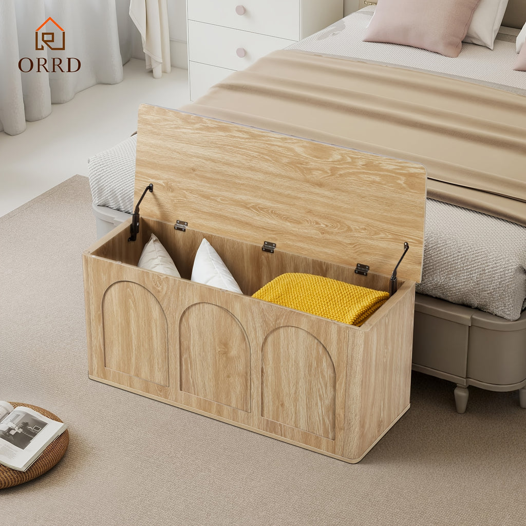 ORRD 43'' Flip-Top Storage Chest - Solid Wood & MDF Farmhouse Bench with Shoe Storage, Wood Trunk for Entryway, Bedroom, Living Room | Heavy-Duty, -Tip, Curved Edges (Compatible with wood floors)