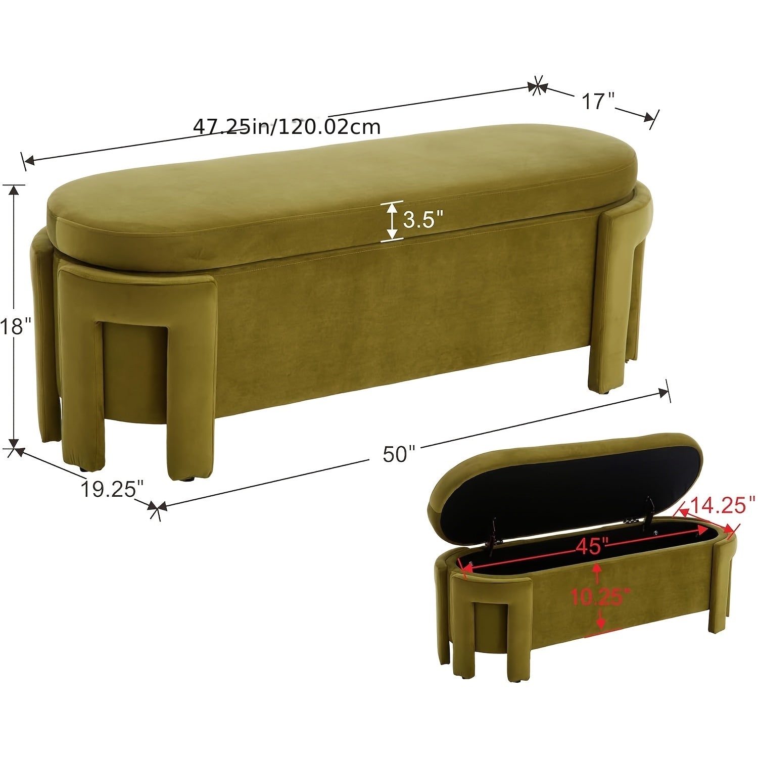 1pc 50 Inches Ottoman Storage Bench, Modern End Of Bed Bench with Upholstered Seating, Comfy Cute Oval Entryway Bench for Living Room\u002FBedroom\u002FEntrance\u002FHallway