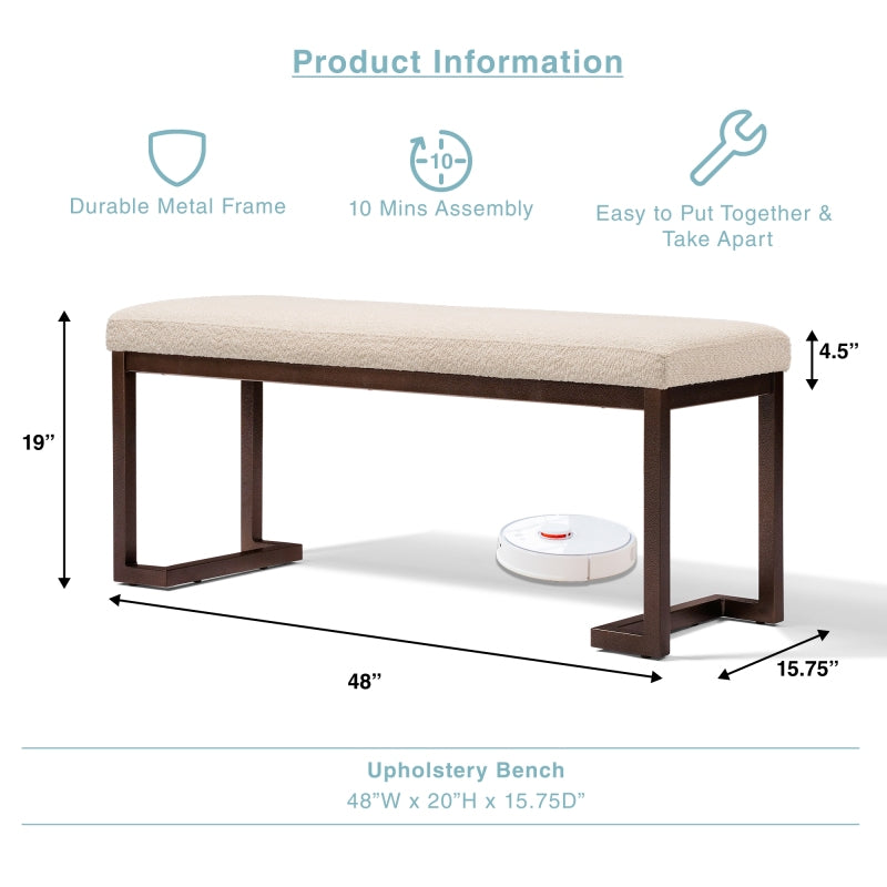 48 Inch Modern Upholstered Bench with Sturdy Metal Frame - Boucle Fabric in White Cream Beige, Noise-Reducing & Stable No-Assembly Indoor Bench for Entryway, Living Room, Bedroom, Hallway - Luxury Accent Seating ( Color