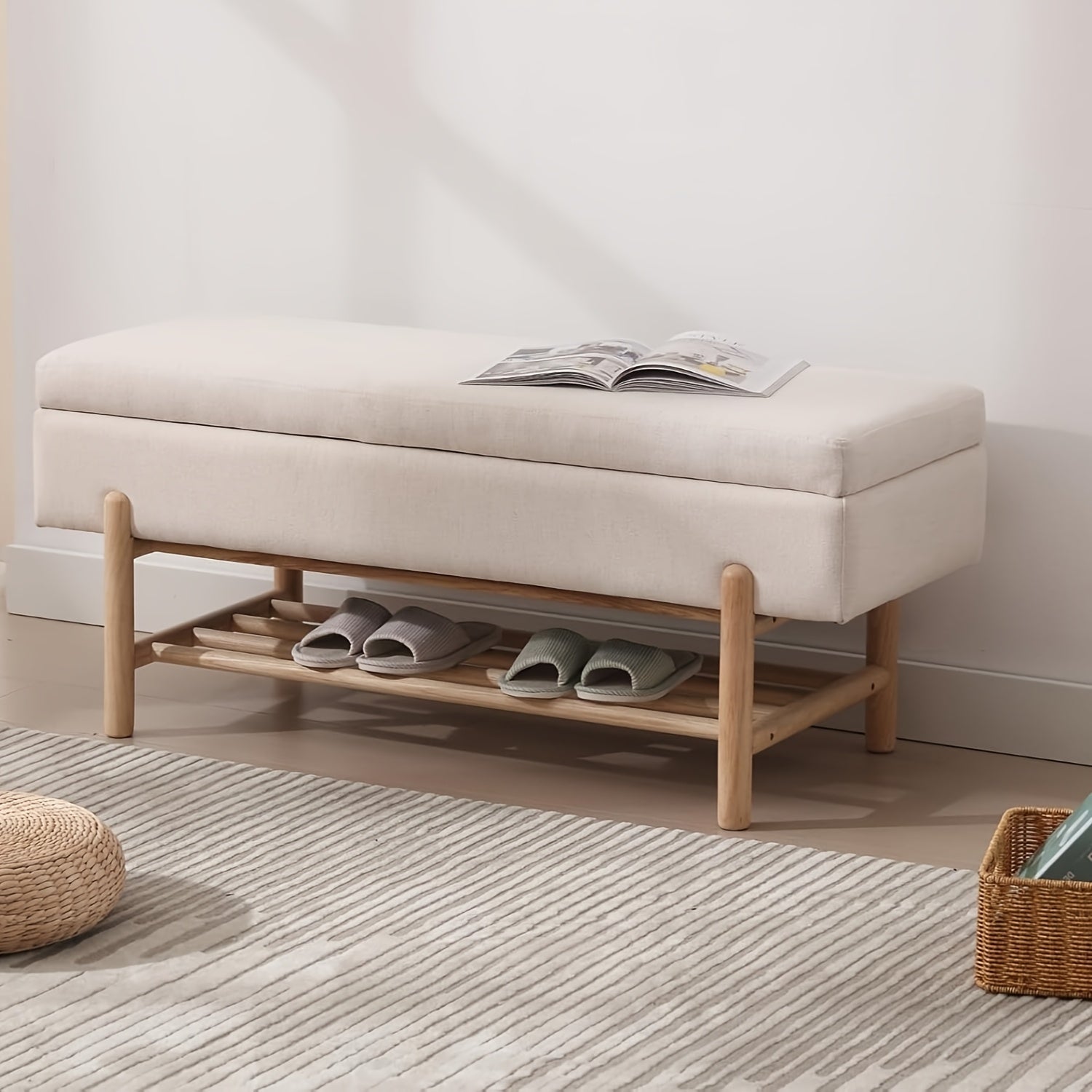 1 Pc Bedroom Living Room Modern Storage Stool, with Wooden Shoe Rack, Long Seat Stool, and Storage Corridor Stool At The End of The Bed, Suitable for Farmhouses\u002F corridors\u002F lobbies