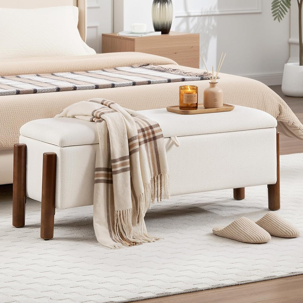 47'' Modern Storage Ottoman Benches with Walnut Wood Legs Ottoman Bench with 22 Gallons Storage Space Fabric Upholstered Seating End of Bed Bench for Bedroom for Livingroom
