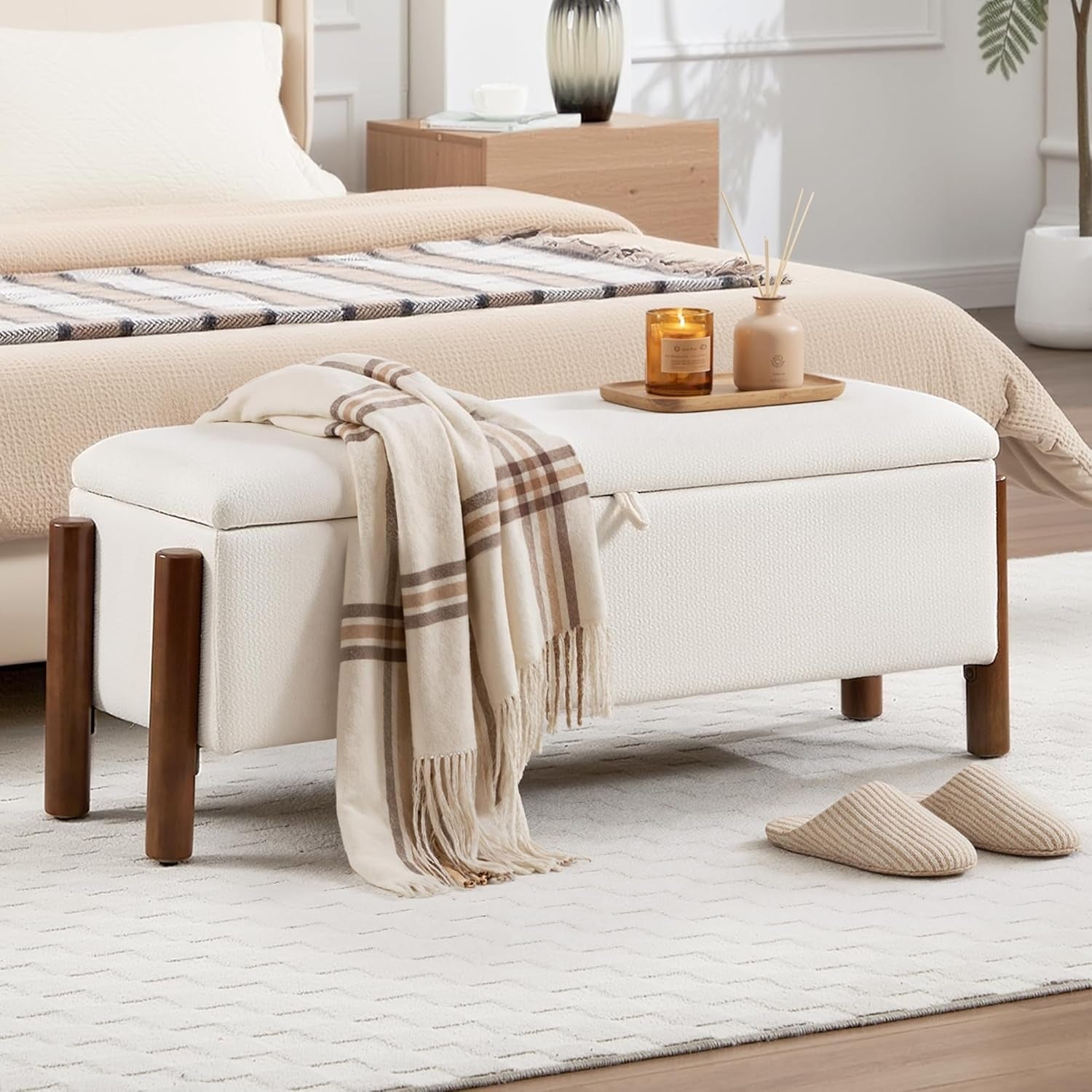 47'' Modern Storage Ottoman Benches with Walnut Wood Legs Ottoman Bench with 22 Gallons Storage Space Fabric Upholstered Seating End of Bed Bench for Bedroom for Livingroom