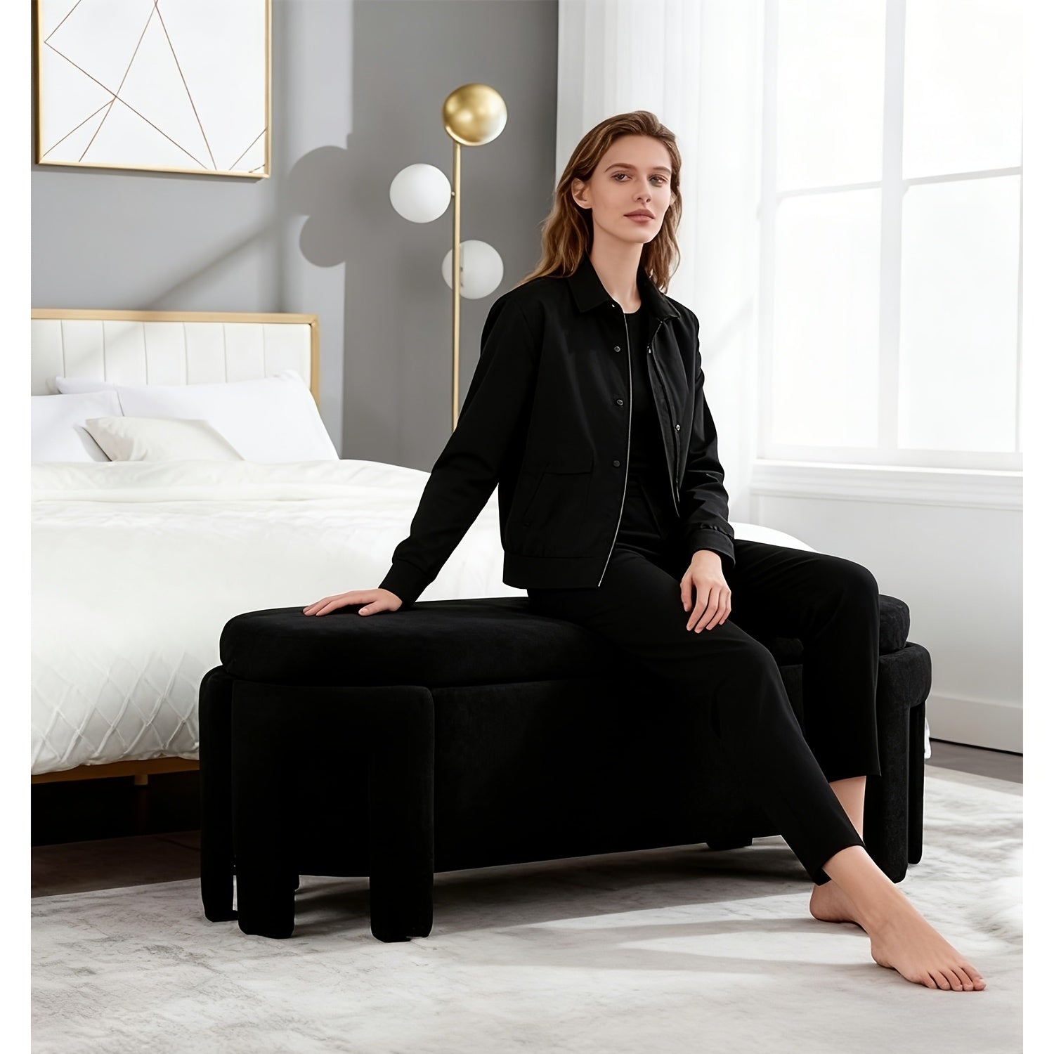 1pc 50 Inches Ottoman Storage Bench, Modern End Of Bed Bench with Upholstered Seating, Comfy Cute Oval Entryway Bench for Living Room\u002FBedroom\u002FEntrance\u002FHallway