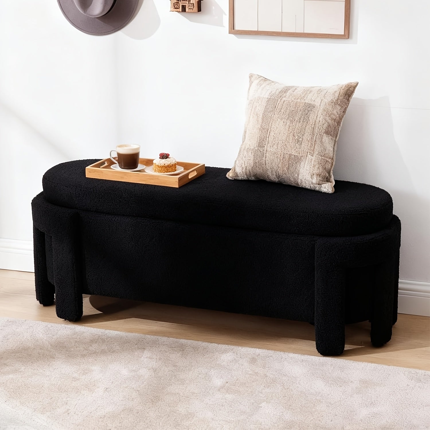 1pc 50 Inches Ottoman Storage Bench, Modern End Of Bed Bench with Upholstered Seating, Comfy Cute Oval Entryway Bench for Living Room\u002FBedroom\u002FEntrance\u002FHallway