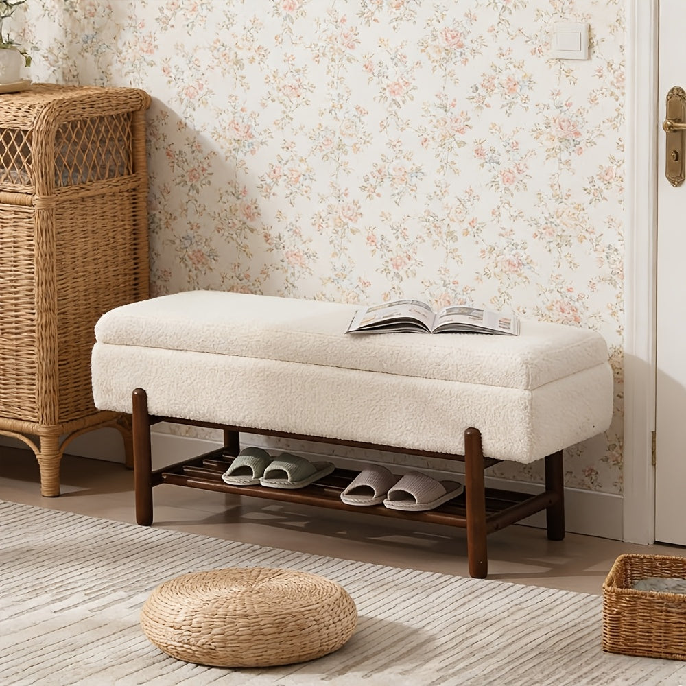 1pc Modern Storage Ottoman Bench Sherpa Upholstered End Of Bench with Seating And Wood Shoe Rack Long Entryway Bench for Bedroom\u002FLiving Room\u002FFoyer