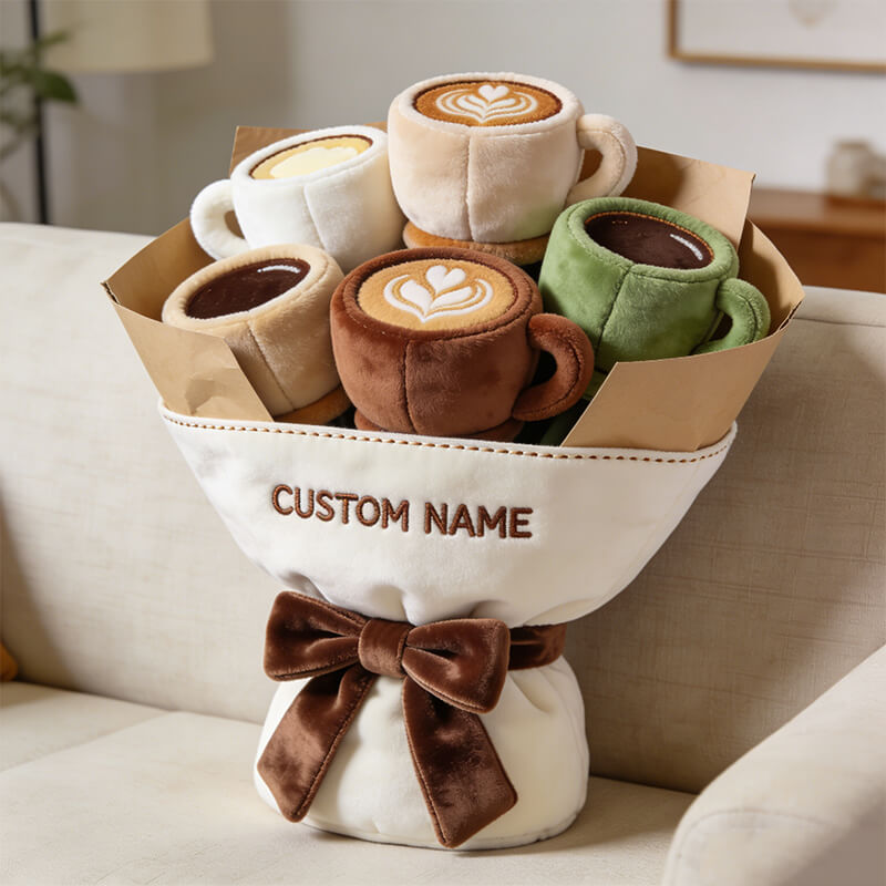 Personalized coffee cup themed bouquet pillow