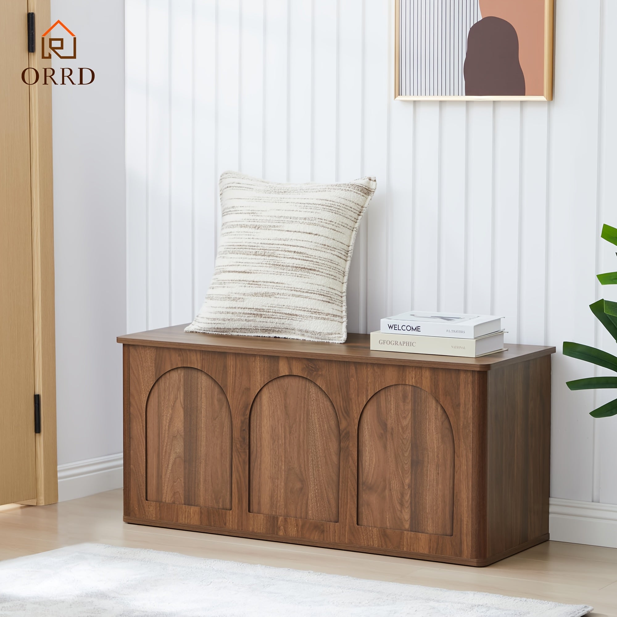 ORRD 43'' Flip-Top Storage Chest - Solid Wood & MDF Farmhouse Bench with Shoe Storage, Wood Trunk for Entryway, Bedroom, Living Room | Heavy-Duty, -Tip, Curved Edges (Compatible with wood floors)