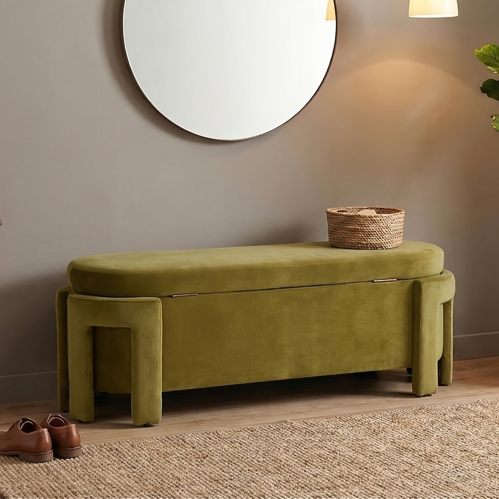 1pc 50 Inches Ottoman Storage Bench, Modern End Of Bed Bench with Upholstered Seating, Comfy Cute Oval Entryway Bench for Living Room\u002FBedroom\u002FEntrance\u002FHallway