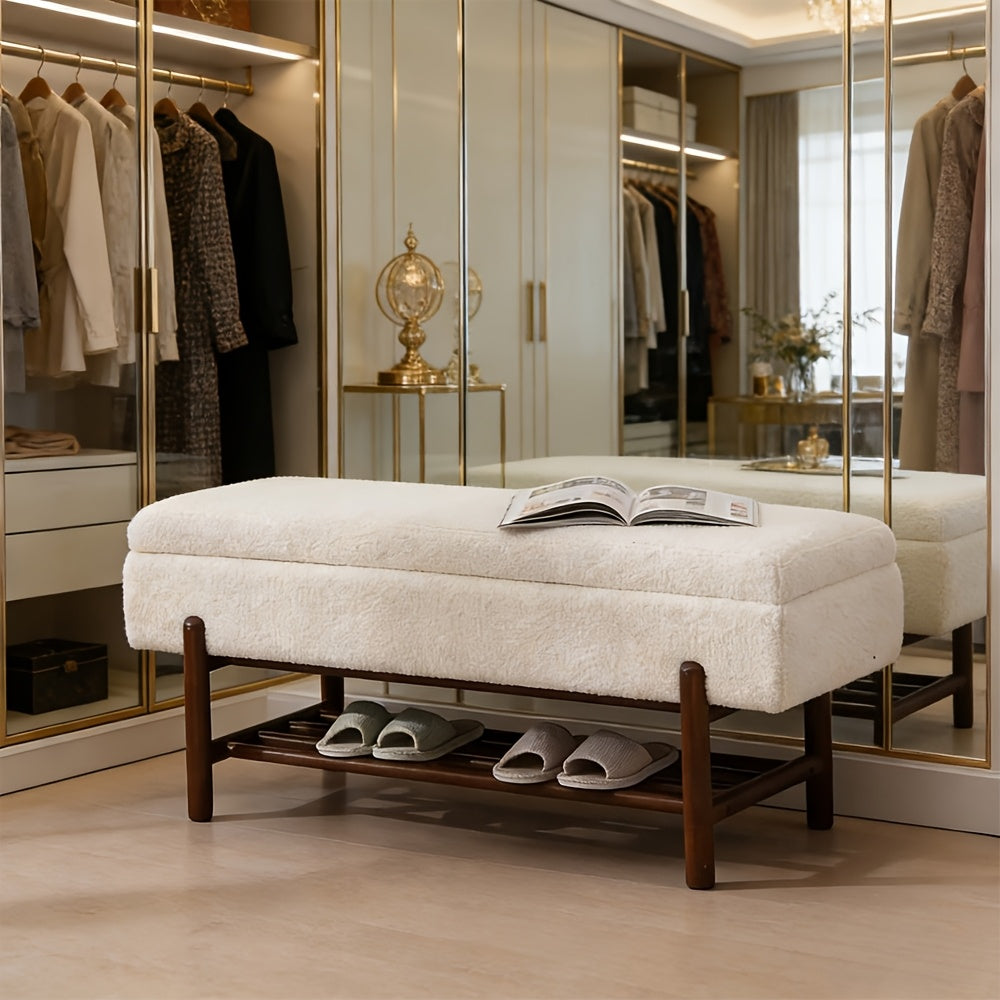 1pc Modern Storage Ottoman Bench Sherpa Upholstered End Of Bench with Seating And Wood Shoe Rack Long Entryway Bench for Bedroom\u002FLiving Room\u002FFoyer