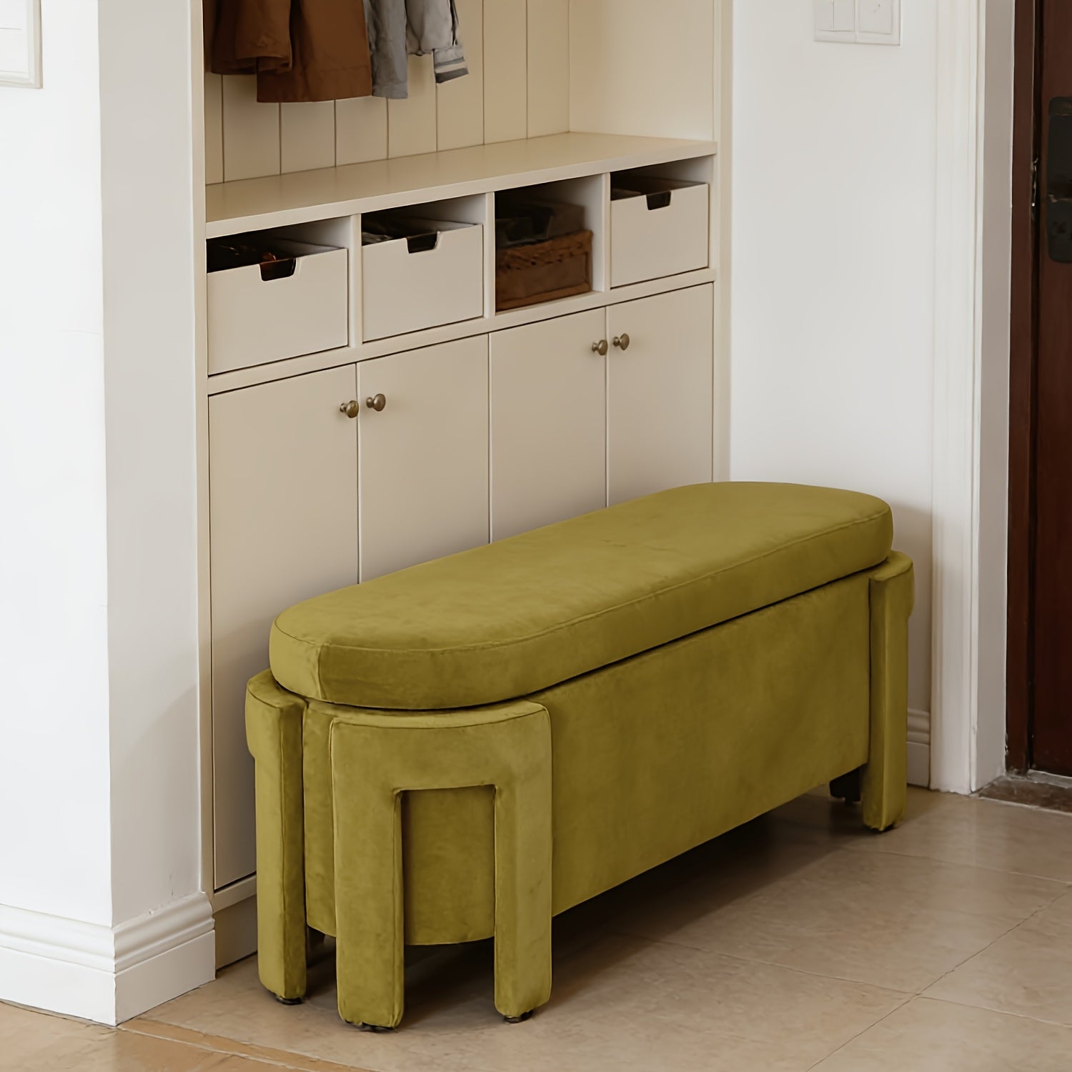 1pc 50 Inches Ottoman Storage Bench, Modern End Of Bed Bench with Upholstered Seating, Comfy Cute Oval Entryway Bench for Living Room\u002FBedroom\u002FEntrance\u002FHallway