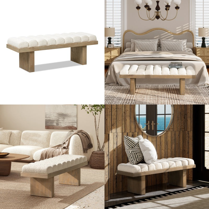 Modern Accent Bench with Boucle Fabric Upholstery - Ivory White & Neutral Tones, Sturdy Construction & Plush Cushioning, 27\