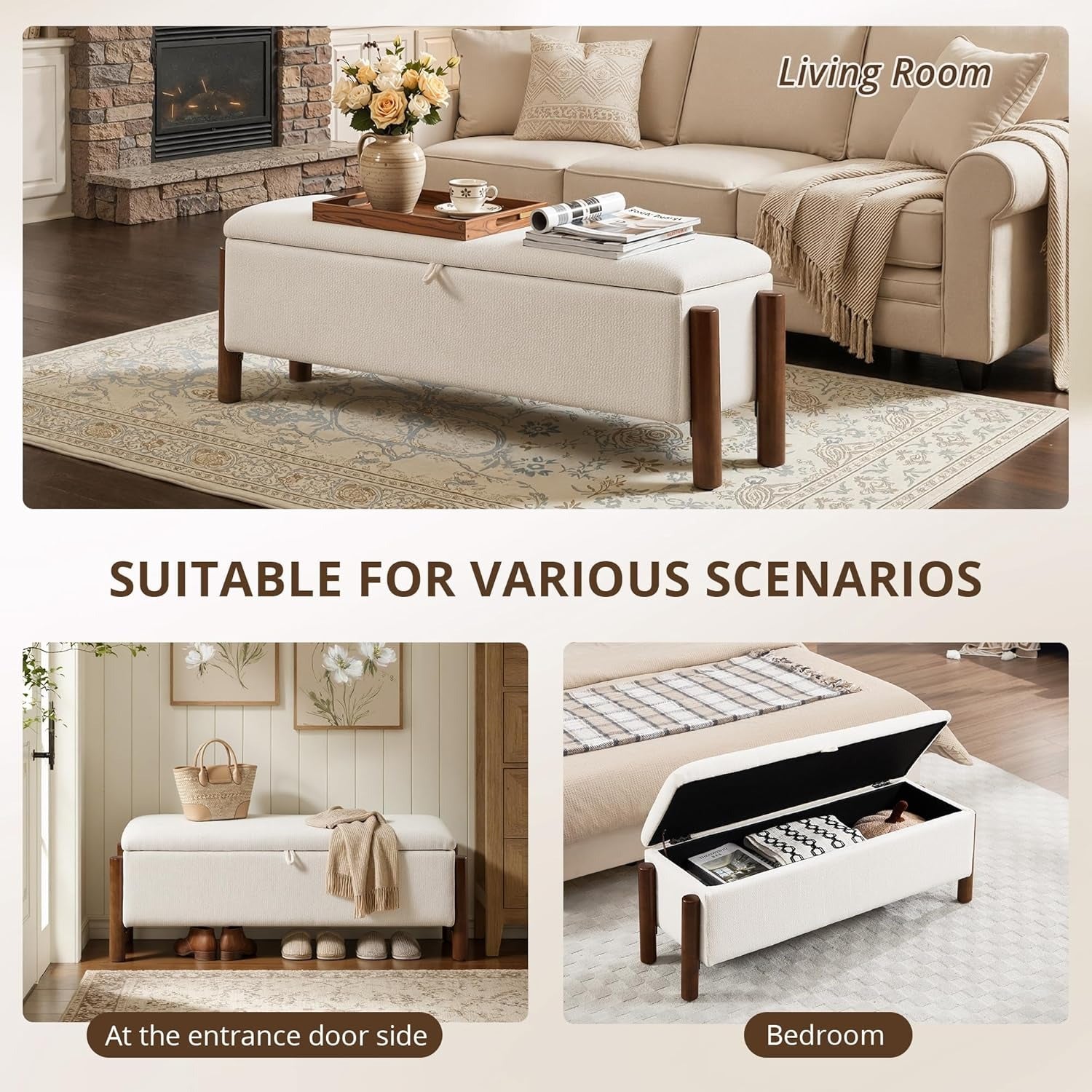 47'' Modern Storage Ottoman Benches with Walnut Wood Legs Ottoman Bench with 22 Gallons Storage Space Fabric Upholstered Seating End of Bed Bench for Bedroom for Livingroom