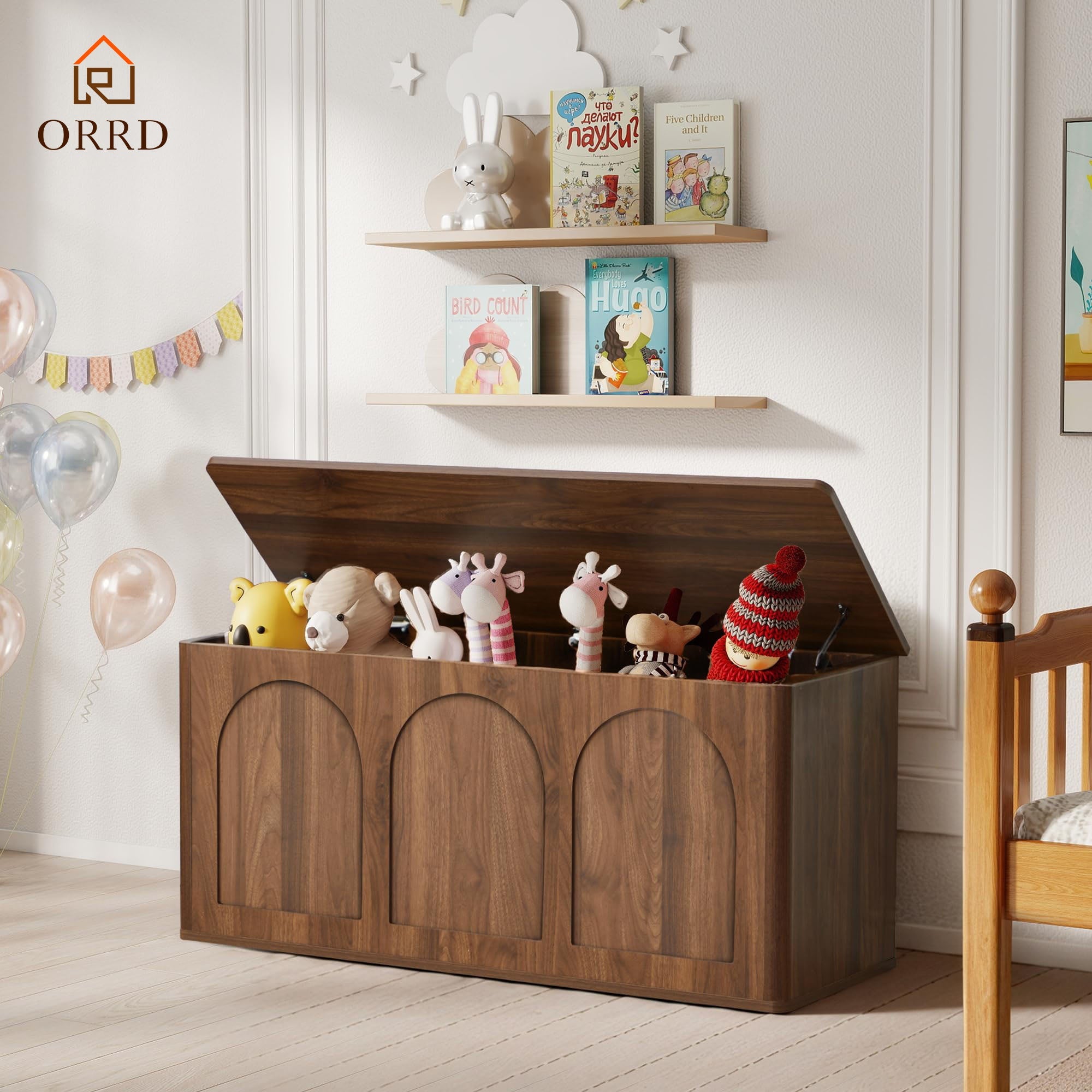 ORRD 43'' Flip-Top Storage Chest - Solid Wood & MDF Farmhouse Bench with Shoe Storage, Wood Trunk for Entryway, Bedroom, Living Room | Heavy-Duty, -Tip, Curved Edges (Compatible with wood floors)