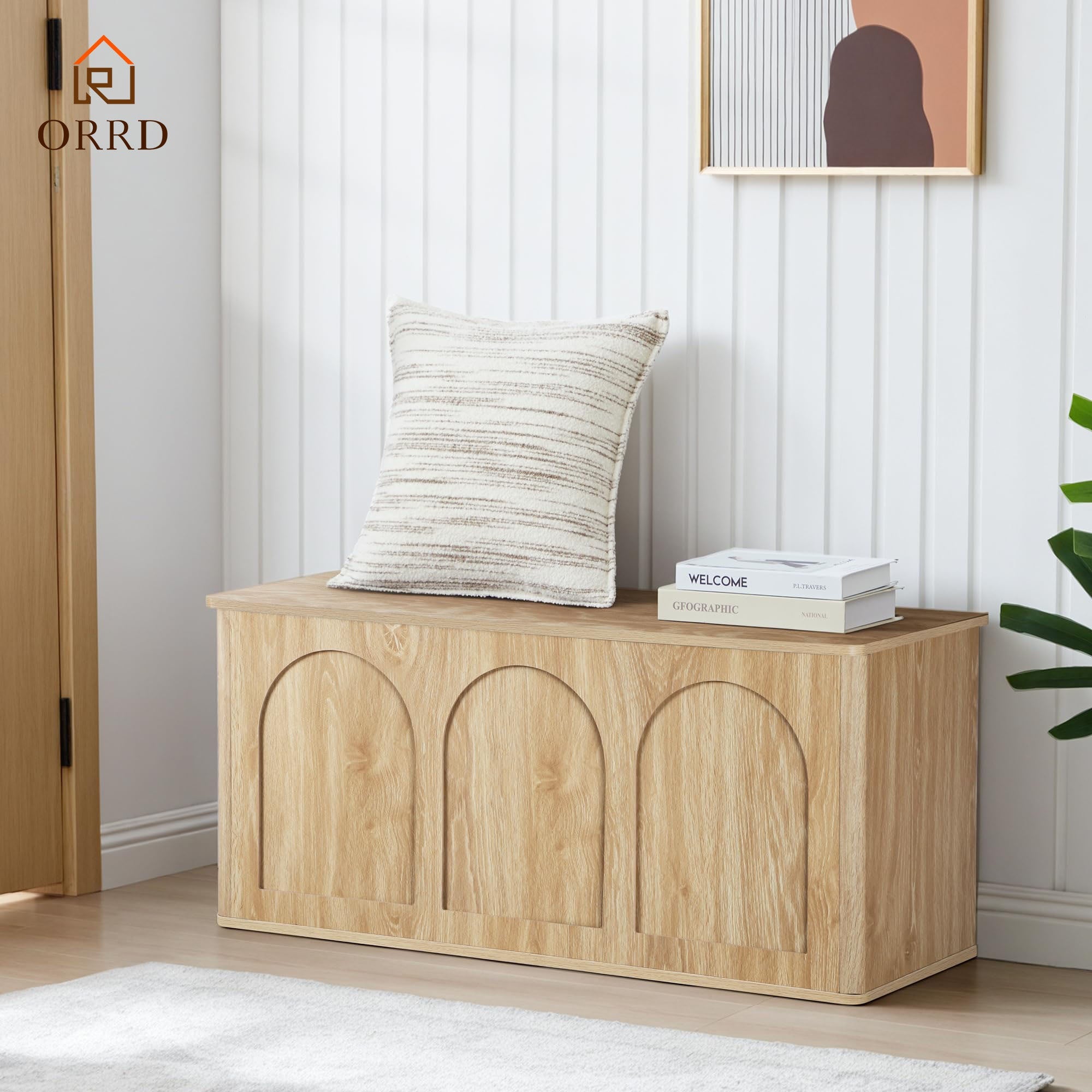 ORRD 43'' Flip-Top Storage Chest - Solid Wood & MDF Farmhouse Bench with Shoe Storage, Wood Trunk for Entryway, Bedroom, Living Room | Heavy-Duty, -Tip, Curved Edges (Compatible with wood floors)
