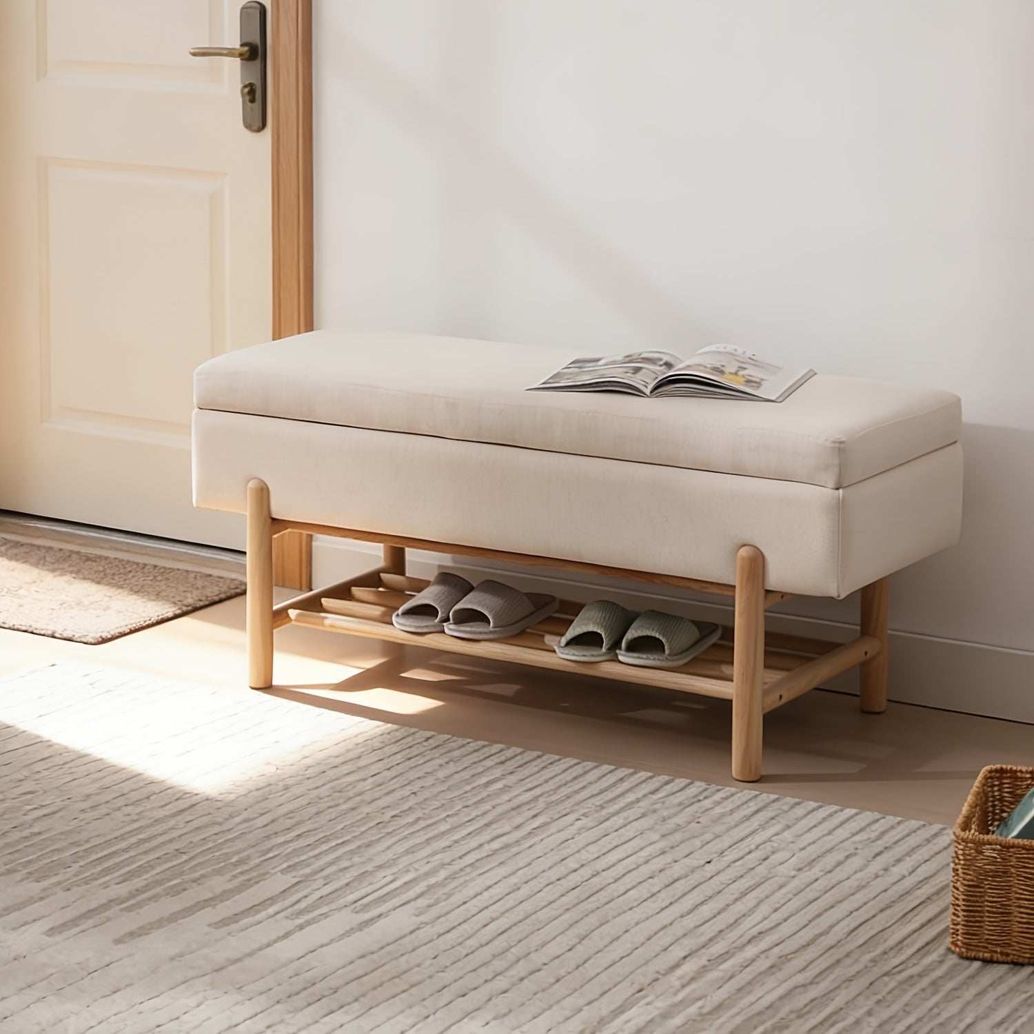 1 Pc Bedroom Living Room Modern Storage Stool, with Wooden Shoe Rack, Long Seat Stool, and Storage Corridor Stool At The End of The Bed, Suitable for Farmhouses\u002F corridors\u002F lobbies