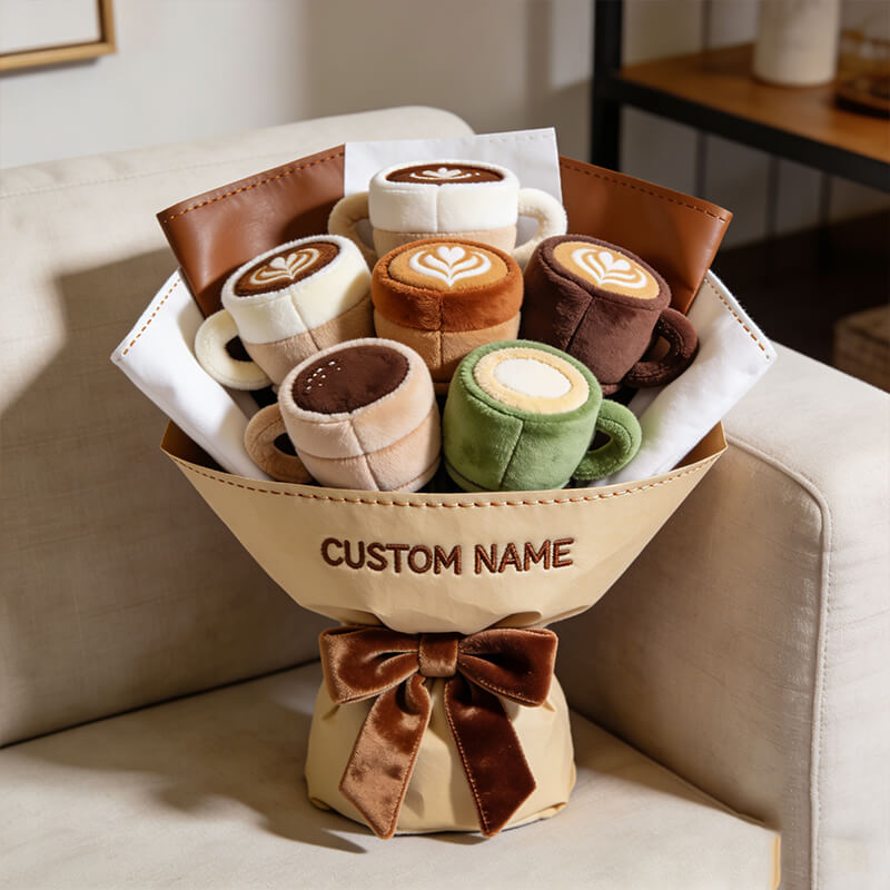 Personalized coffee cup themed bouquet pillow