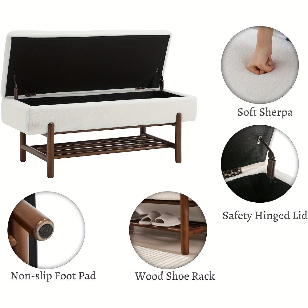 1pc Modern Storage Ottoman Bench Sherpa Upholstered End Of Bench with Seating And Wood Shoe Rack Long Entryway Bench for Bedroom\u002FLiving Room\u002FFoyer