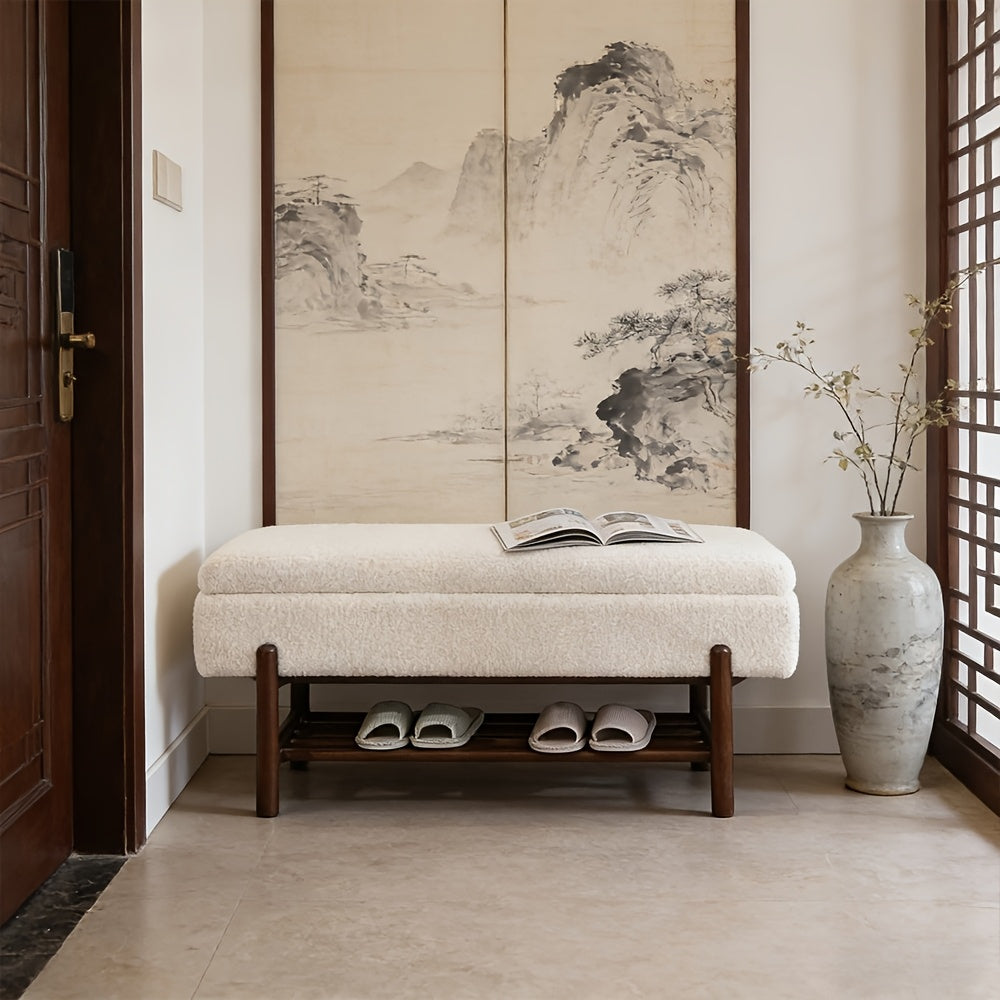 1pc Modern Storage Ottoman Bench Sherpa Upholstered End Of Bench with Seating And Wood Shoe Rack Long Entryway Bench for Bedroom\u002FLiving Room\u002FFoyer