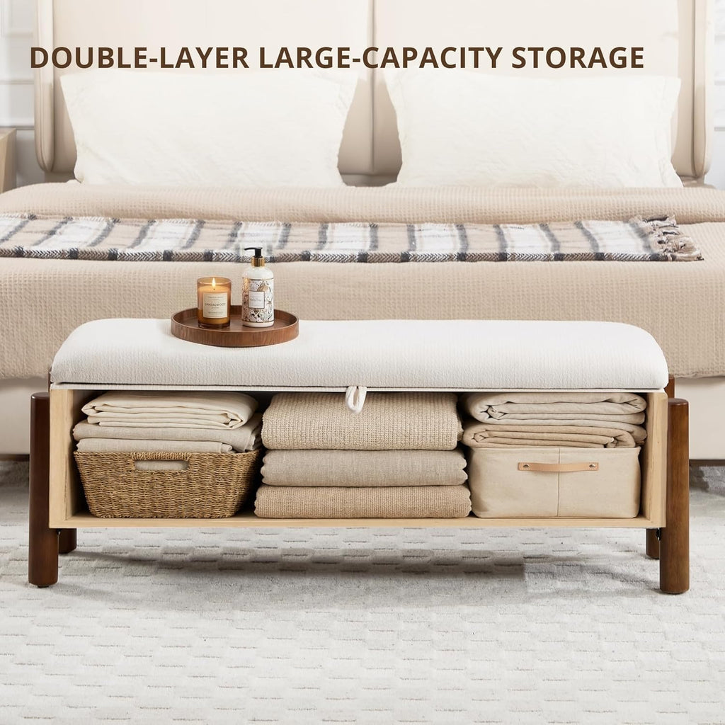 47'' Modern Storage Ottoman Benches with Walnut Wood Legs Ottoman Bench with 22 Gallons Storage Space Fabric Upholstered Seating End of Bed Bench for Bedroom for Livingroom