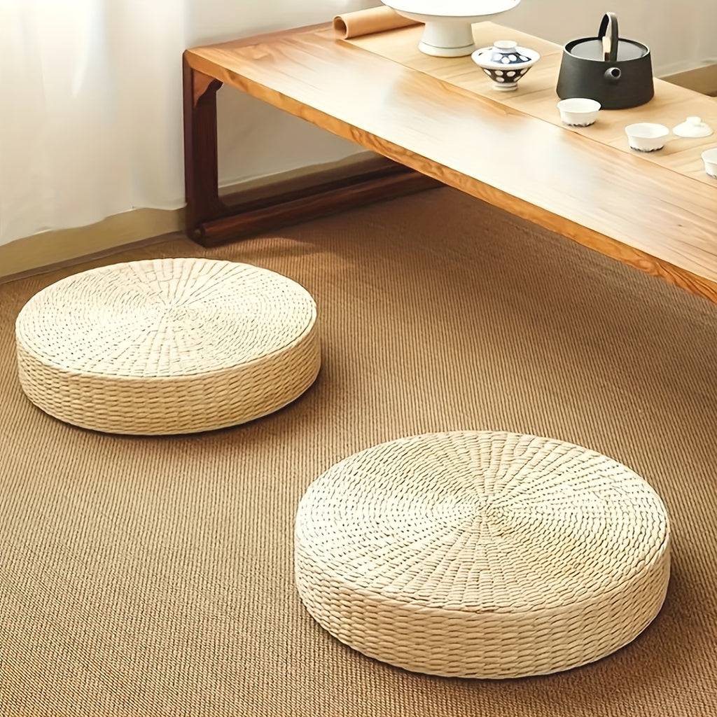 Round Handwoven Straw Floor Cushion, Japanese Tatami Pillow for Yoga, Meditation And Home Seating