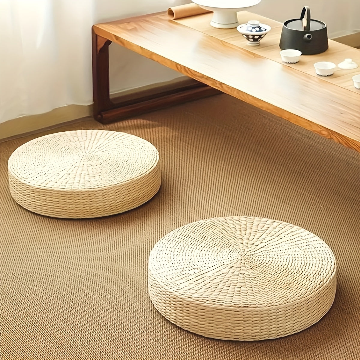 Round Handwoven Straw Floor Cushion, Japanese Tatami Pillow for Yoga, Meditation And Home Seating
