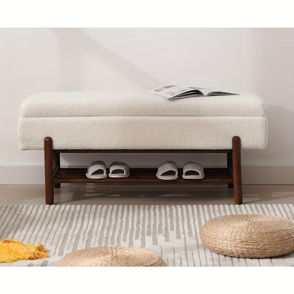 1pc Modern Storage Ottoman Bench Sherpa Upholstered End Of Bench with Seating And Wood Shoe Rack Long Entryway Bench for Bedroom\u002FLiving Room\u002FFoyer