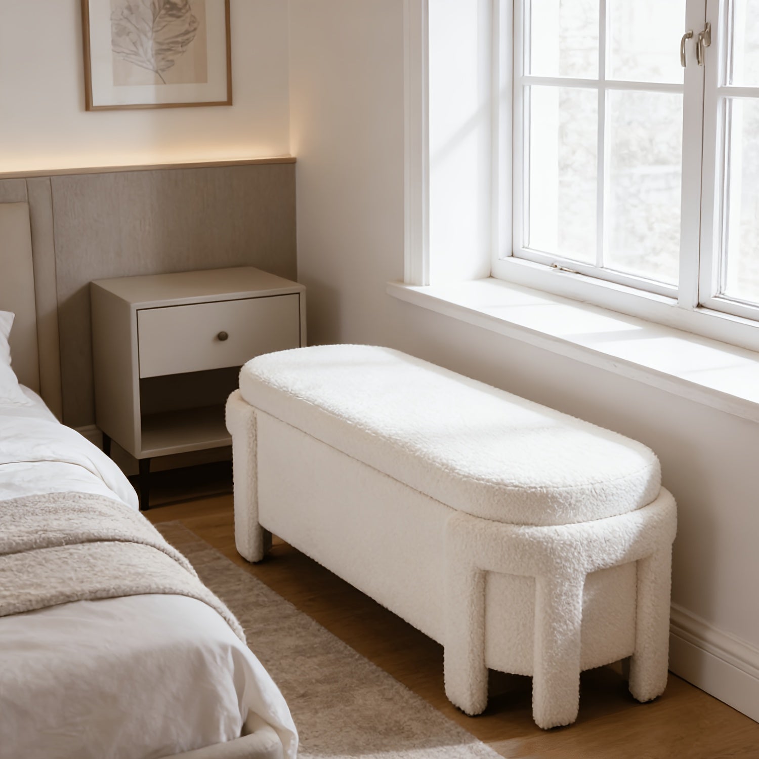 1pc 50 Inches Ottoman Storage Bench, Modern End Of Bed Bench with Upholstered Seating, Comfy Cute Oval Entryway Bench for Living Room\u002FBedroom\u002FEntrance\u002FHallway