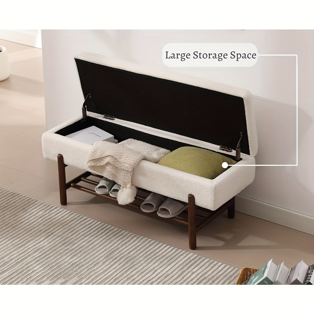 1pc Modern Storage Ottoman Bench Sherpa Upholstered End Of Bench with Seating And Wood Shoe Rack Long Entryway Bench for Bedroom\u002FLiving Room\u002FFoyer