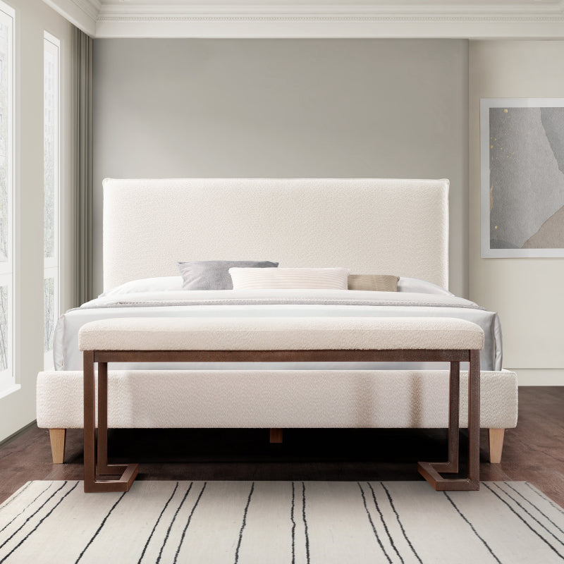48 Inch Modern Upholstered Bench with Sturdy Metal Frame - Boucle Fabric in White Cream Beige, Noise-Reducing & Stable No-Assembly Indoor Bench for Entryway, Living Room, Bedroom, Hallway - Luxury Accent Seating ( Color